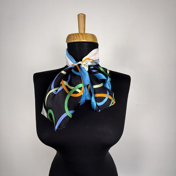 Vintage Long 100% Silk Geometric, Abstract Scarf | Aqua, Black & Ivory - Picture 3 of 10